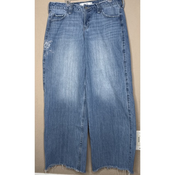 Hollister Denim - Hollister Embroidered Lowrise Baggy Jeans Raw Hem 12 L Festival Y2K Casual Boho